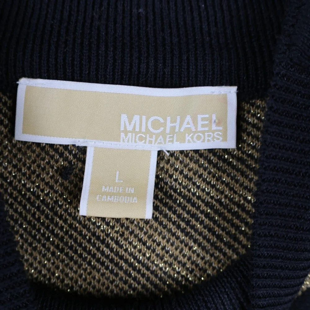 Michael Kors Sweater Womens Large Black‎ Gold Animal Print Short Sleeve Knit Top